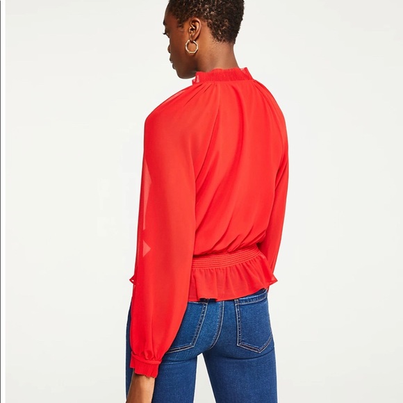 Ann Taylor Red Pleated Blouse Pleated Smocked Waist Top - Picture 2 of 2